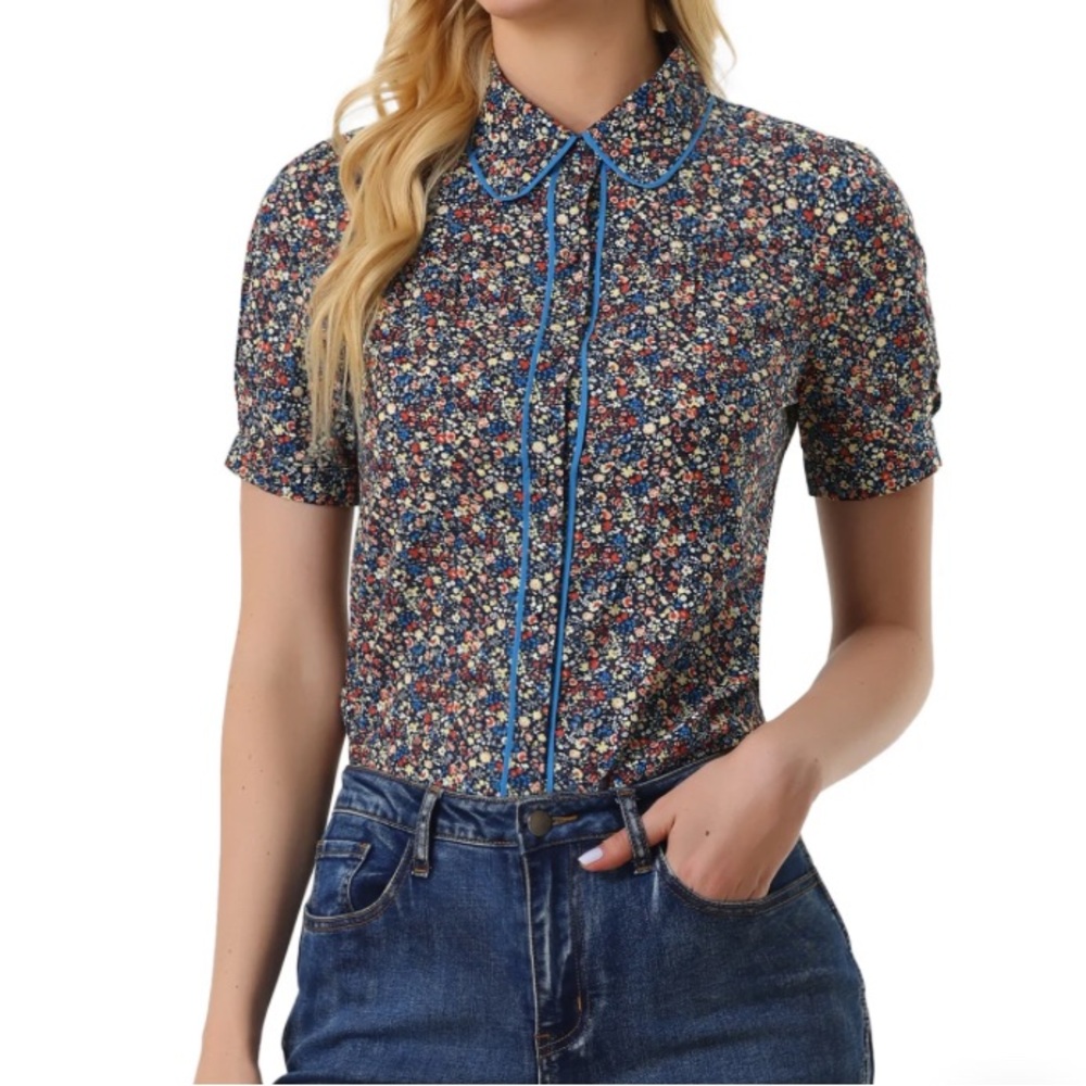 Allegra K Navy Floral Button-Down Shirt with Blue Trim